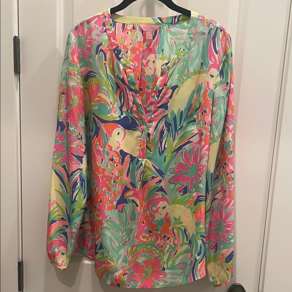 Lilly Pulitzer “Elsa” 100% silk vibrant-colored Long Sleeve Blouse - Picture 1 of 4